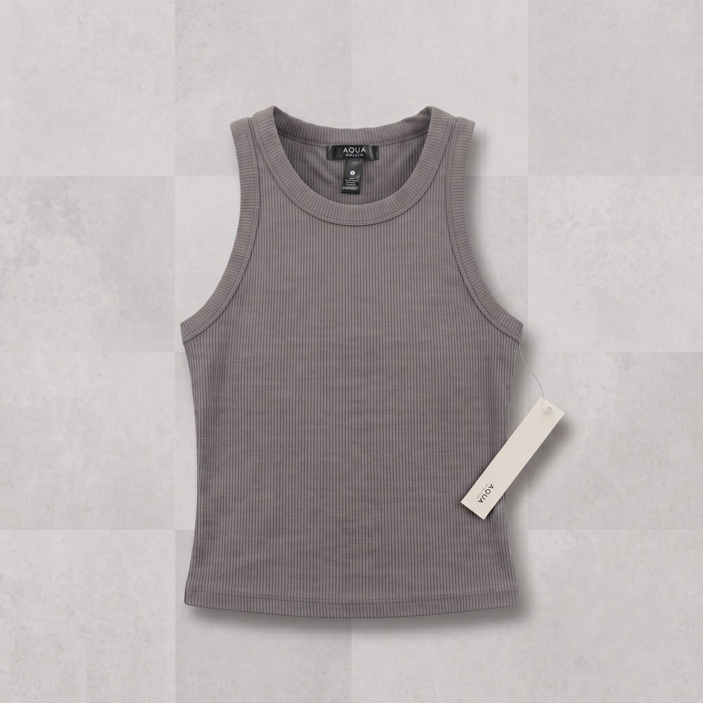 Aqua Athletic Ribbed Shelf Bra Tank Top Storm Front Gray Womens L NWT
